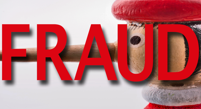 A wooden character with a Pinocchio's nose and the word 'Fraud' written across the image. 