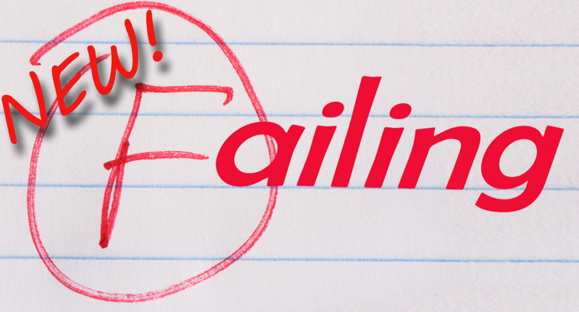 F grade handwritten on lined paper, with 'ailing' added to make the word 'Failing', with 'coming soon!' written above it.