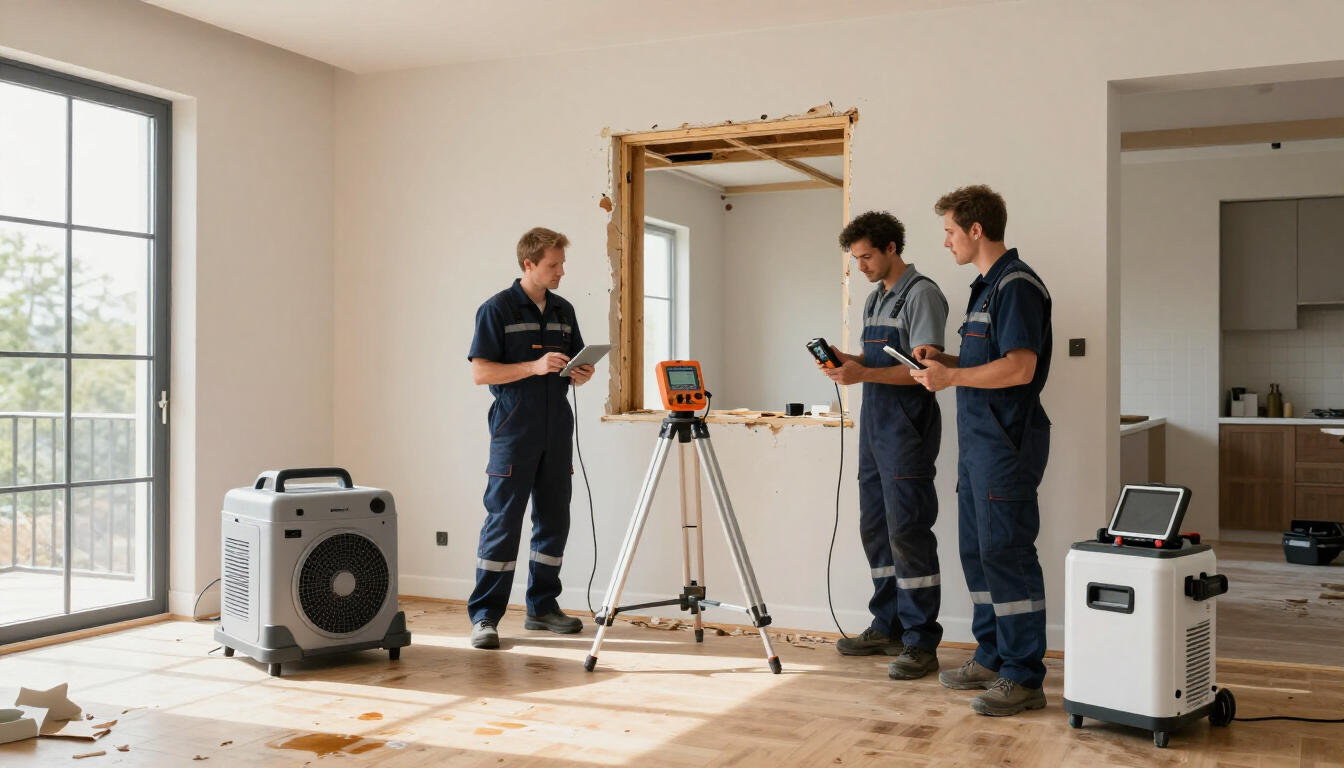Three technicians with equipment scan a room under renovation, with tripods and devices on the floor.