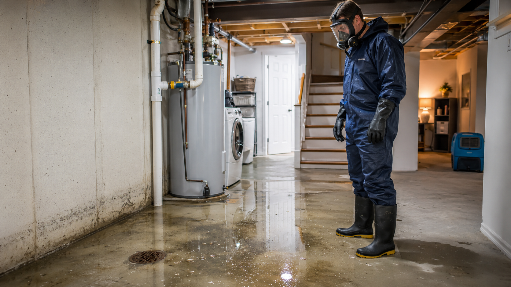 Worker in blue coveralls stands in a wet industrial room, inspecting a flooded floor.