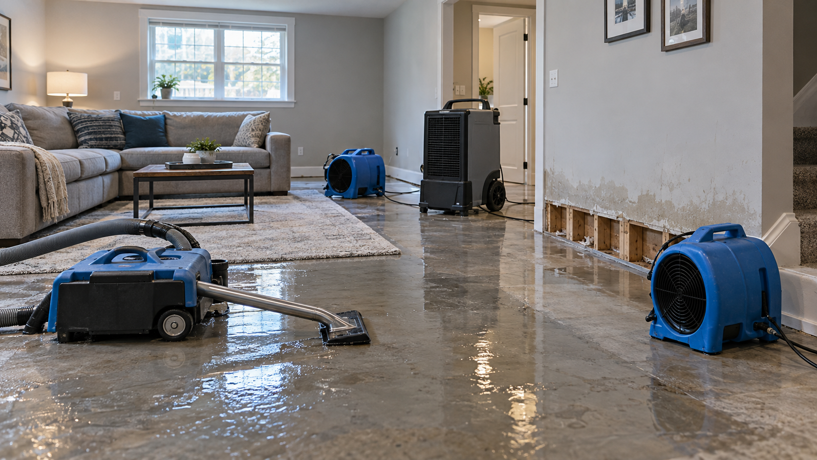 Emergency water damage restoration equipment drying a flooded Gaithersburg home
