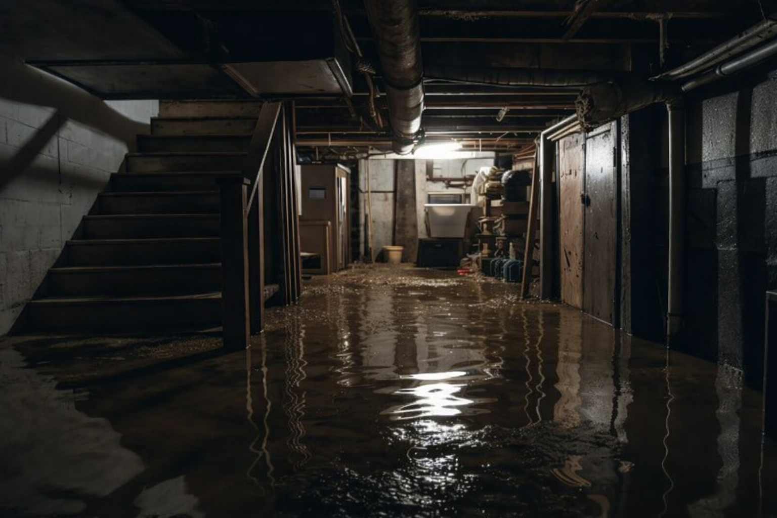 Person in white protective suit and respirator inspects a moldy basement wall with a flashlight.