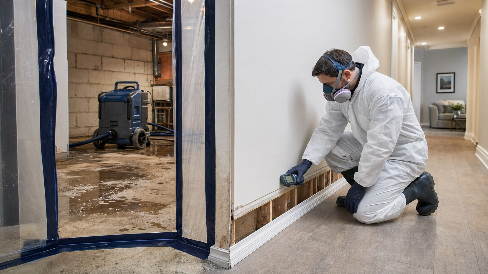 Person in white protective suit and respirator inspects a moldy basement wall with a flashlight.