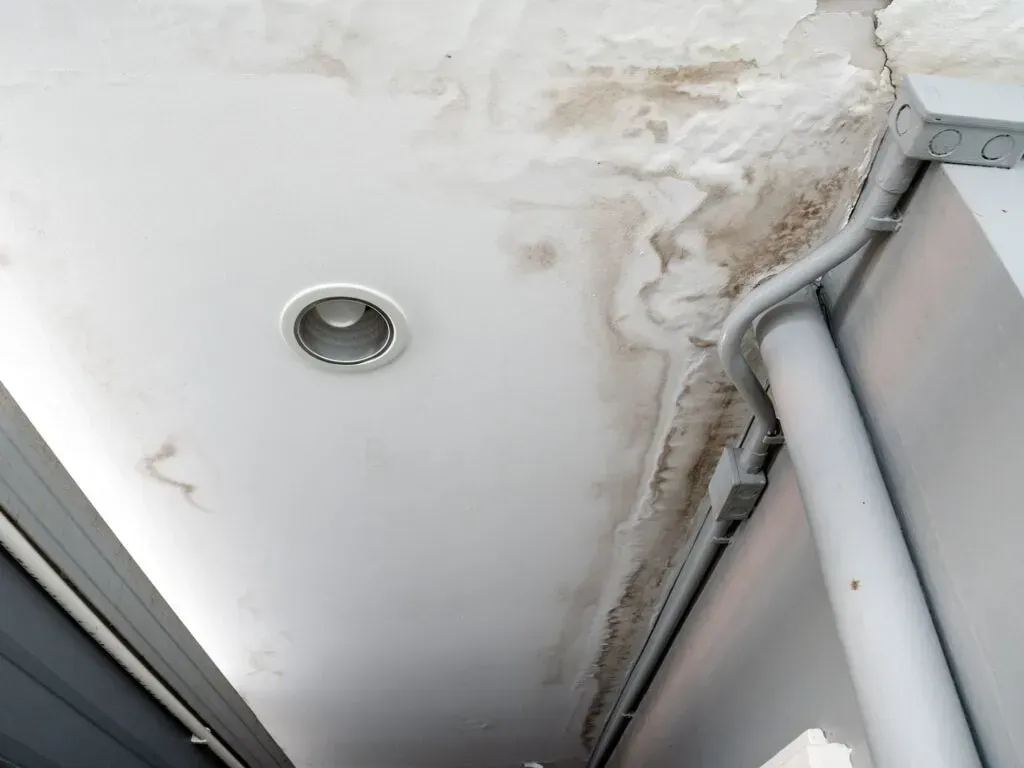 A white ceiling shows significant water damage, including dark, spreading stains and peeling paint near a mounted pipe.