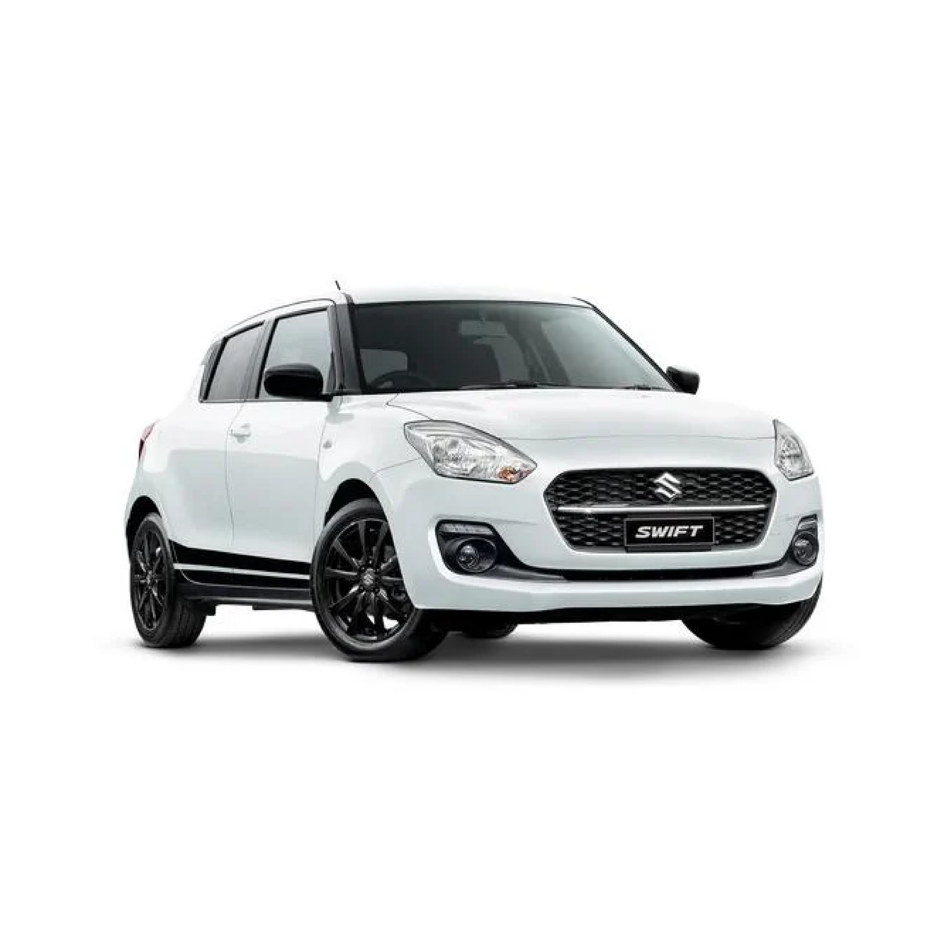 A white suzuki swift with black wheels on a white background.