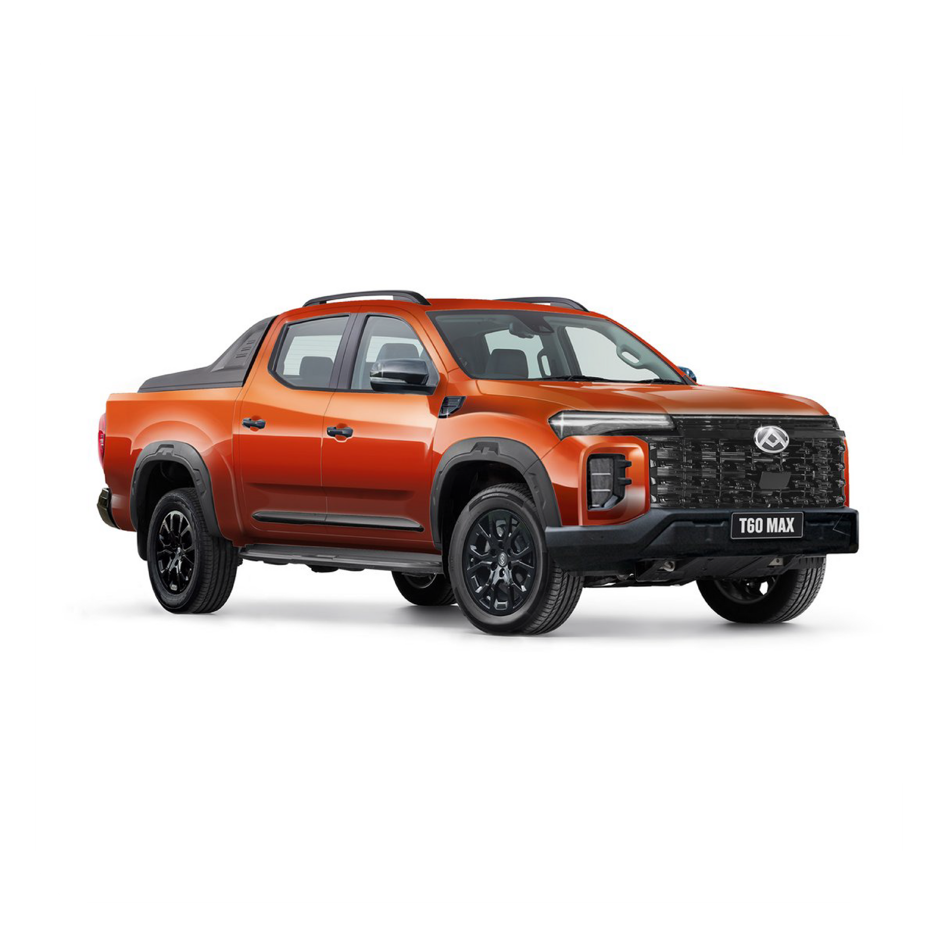 Orange pickup truck with black wheels, rugged black fender flares, and a black front grille.