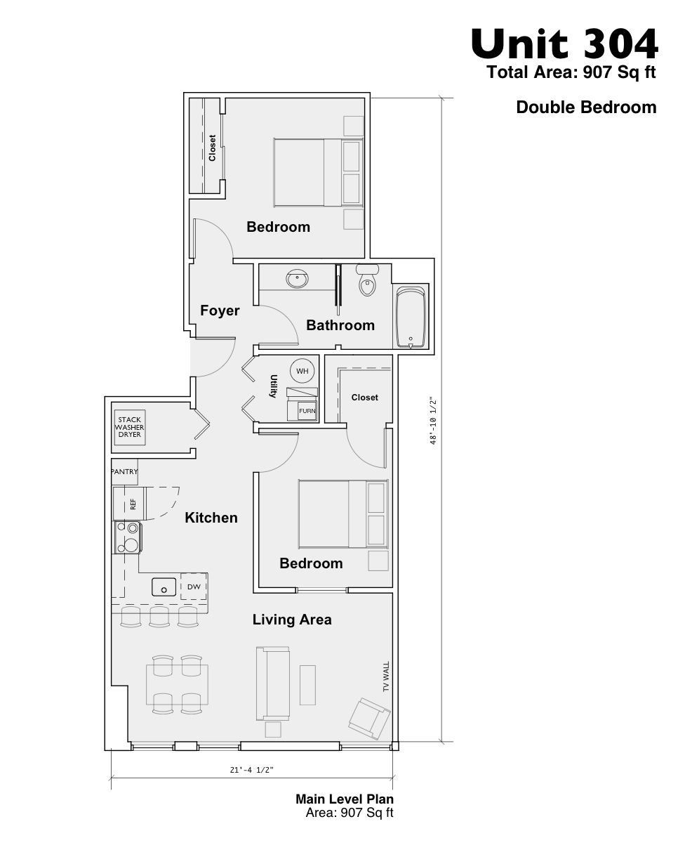 Floor plan for Unit 304 with two bedrooms, kitchen, living area, and baths.