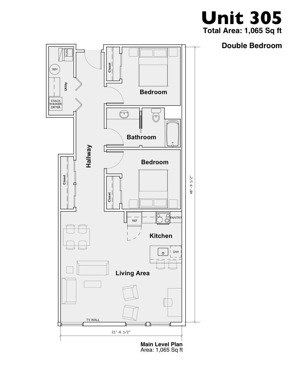 Floor plan for Unit 305 showing kitchen, living area, bedroom, bathroom, and balcony.