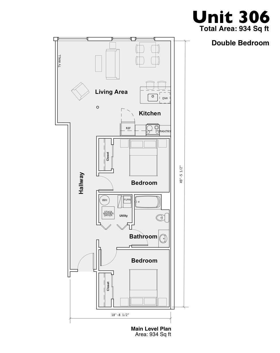 Floor plan for Unit 306, a double-bedroom apartment with living room, kitchen, bedroom, bathroom, and balcony.