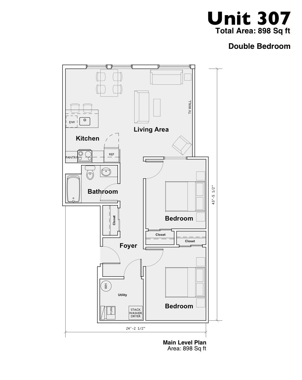 Floor plan for Unit 307, a double-bedroom apartment with kitchen, living area, foyer, and two bedrooms.