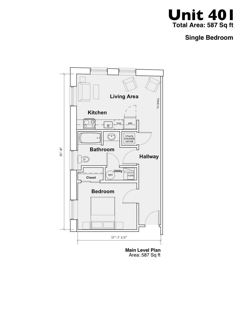 Floor plan of Unit 401 showing living area, kitchen, bathroom, bedroom, and balcony.