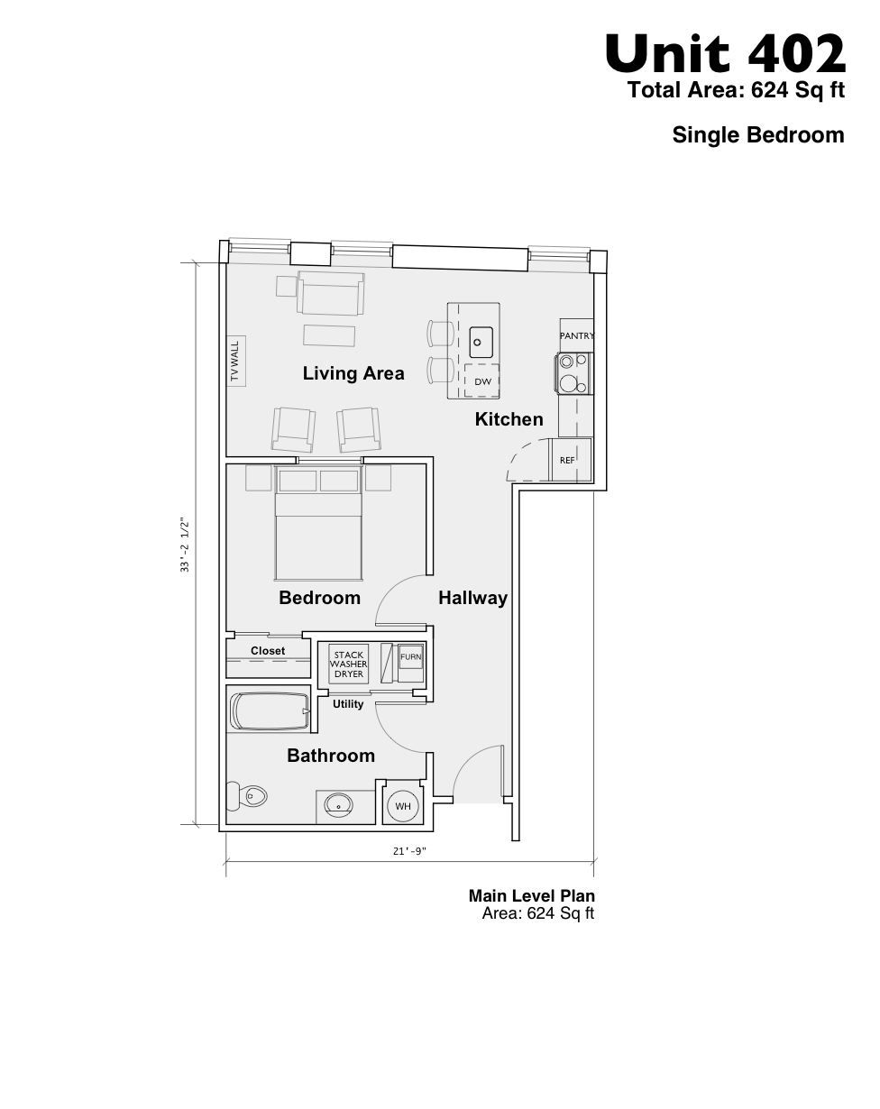 Black-and-white floor plan labeled Unit 402, with living room, kitchen, bedrooms, hallway, and bathrooms.