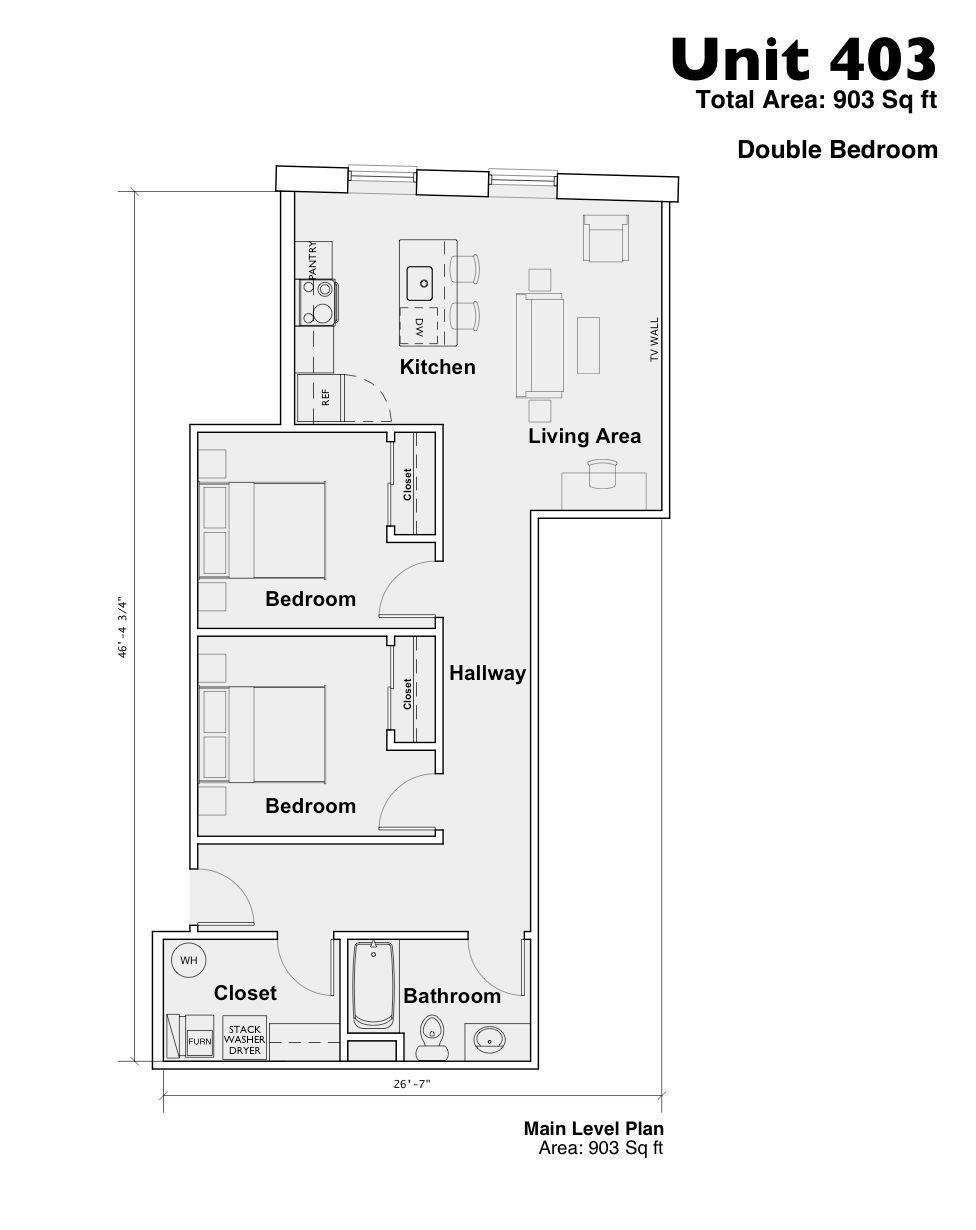 Floor plan for Unit 403, a double-bedroom apartment with living, kitchen, bedrooms, bath, closet, and entrance.