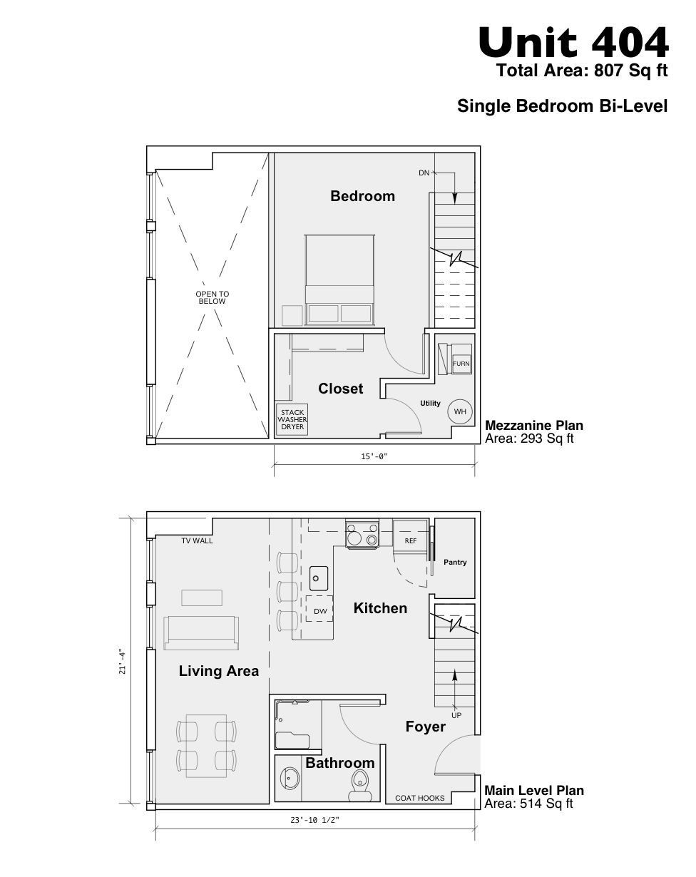 Floor plan image labeled “Unit 404,” showing a single-bedroom unit with bedroom, closet, kitchen, living room, and bath.