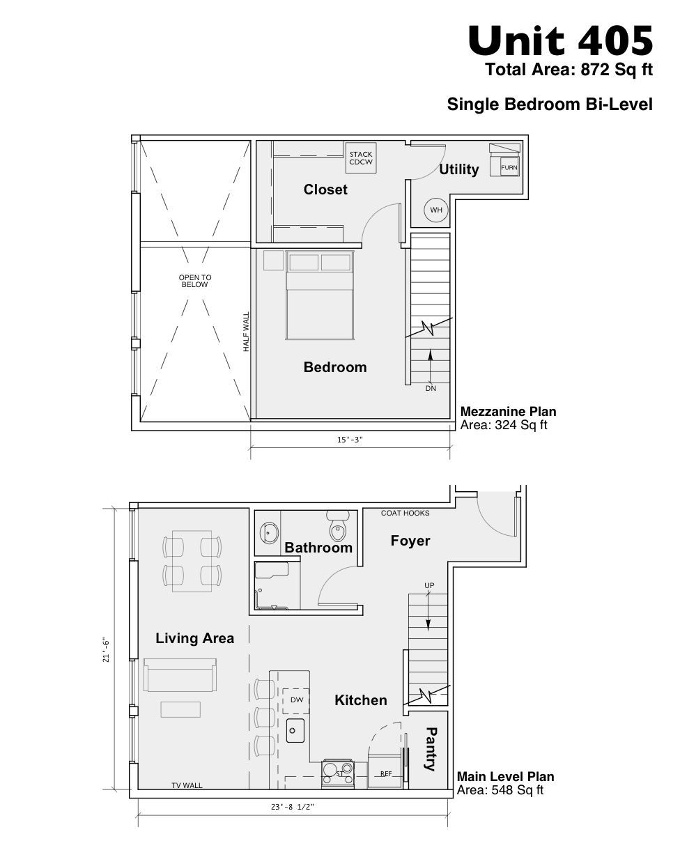 Floor plan for Unit 405, showing two levels with stairs, closets, kitchen, bathroom, bedroom, and living area