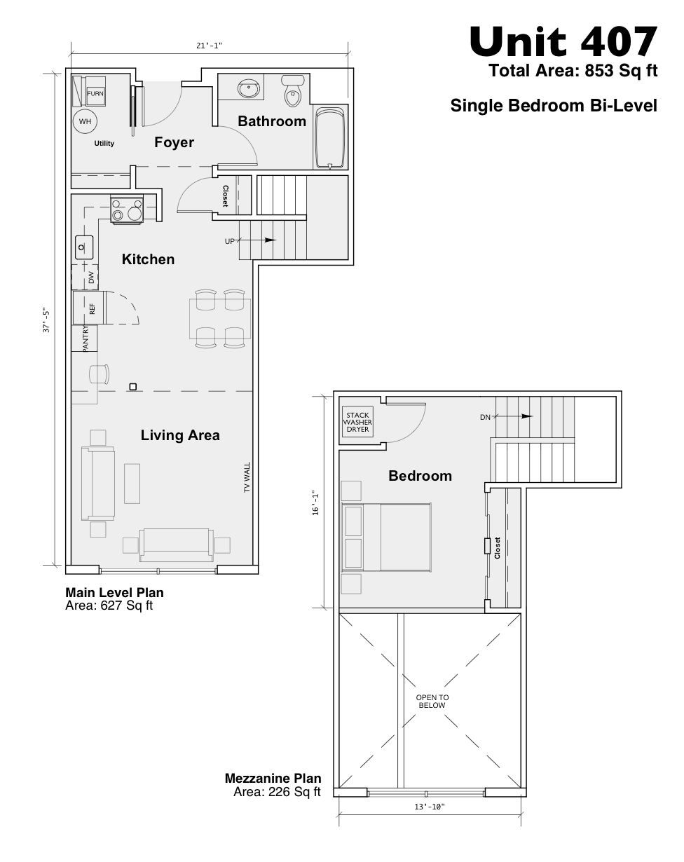 Floor plan of Unit 407, a single-bedroom apartment with living room, kitchen, bathroom, and balcony.