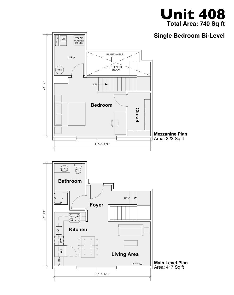 Floor plan of Unit 408, a single-bedroom apartment with bath, foyer, living room, and kitchen.