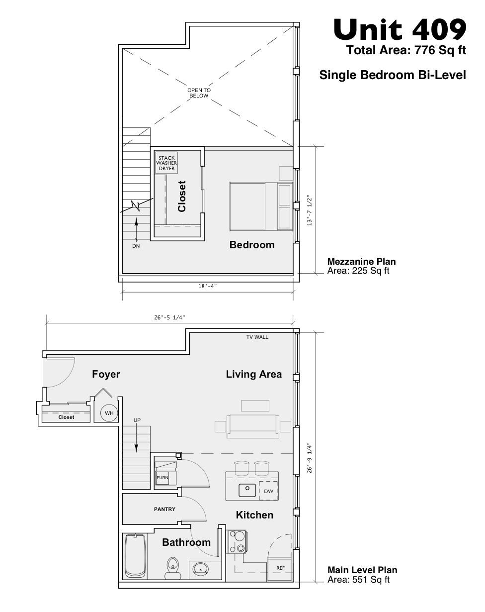 Floor plan for Unit 409, showing bedroom, living area, kitchen, bathroom, foyer, and balcony.
