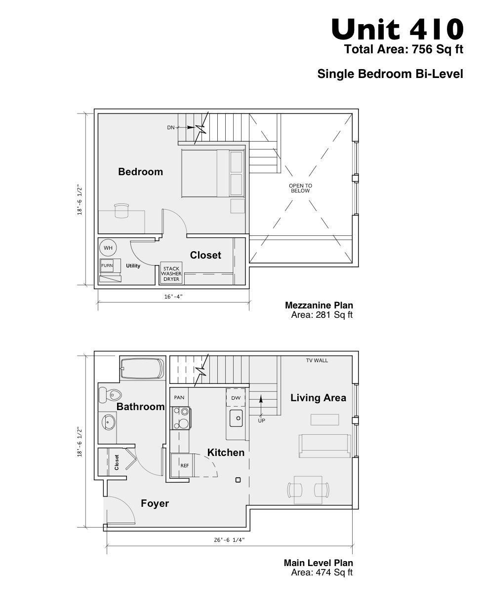 Apartment floor plan labeled Unit 410 with bedroom, bath, closet, foyer, and living area layouts
