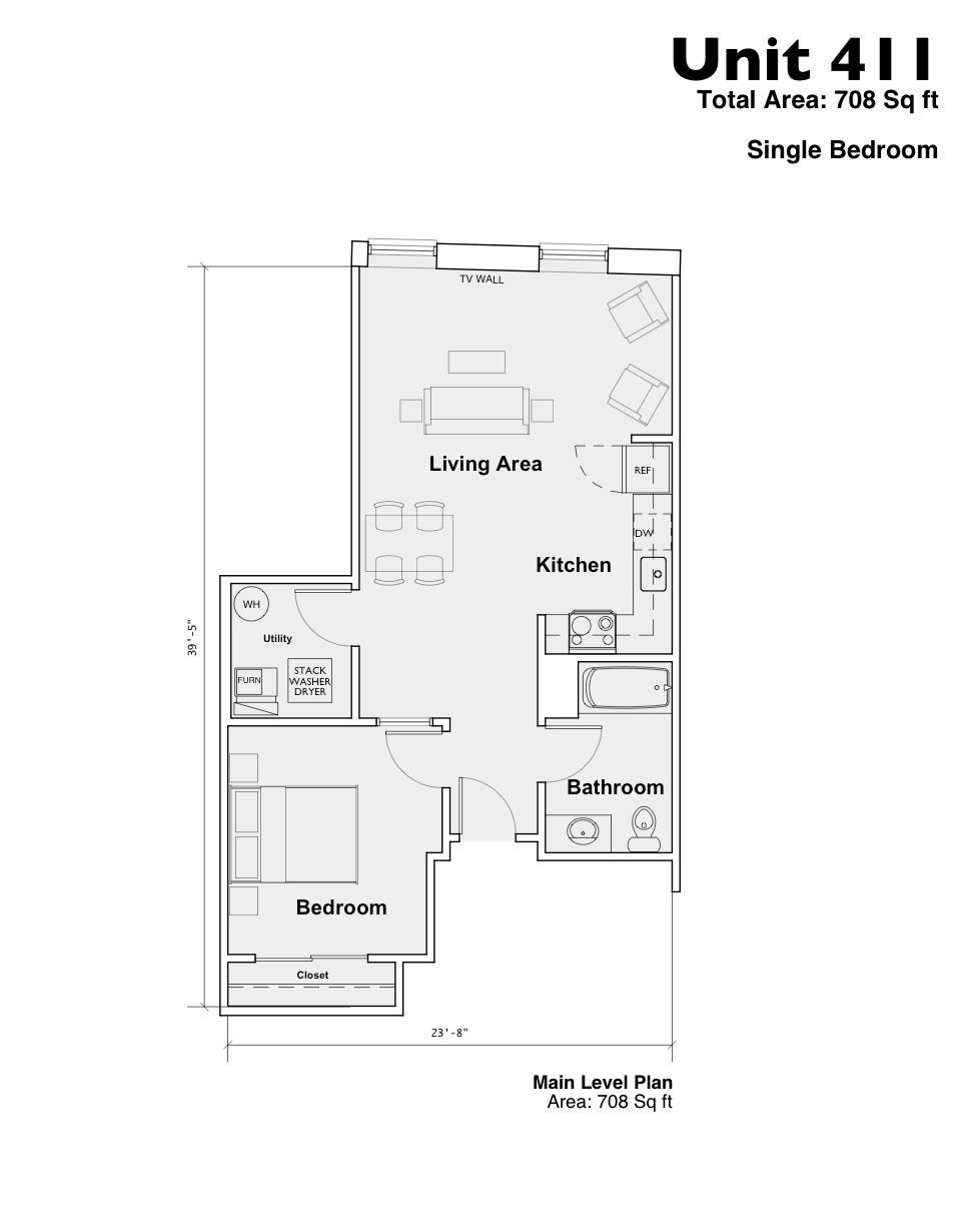 Floor plan of a Unit 411 apartment, showing living room, kitchen, bathroom, and bedroom.