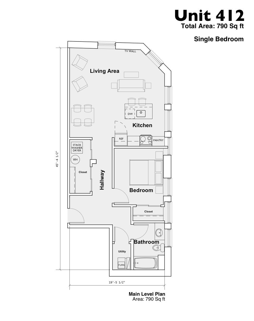 Floor plan for Unit 412, a right-side one-bedroom apartment with living area, kitchen, bath, and bedroom.