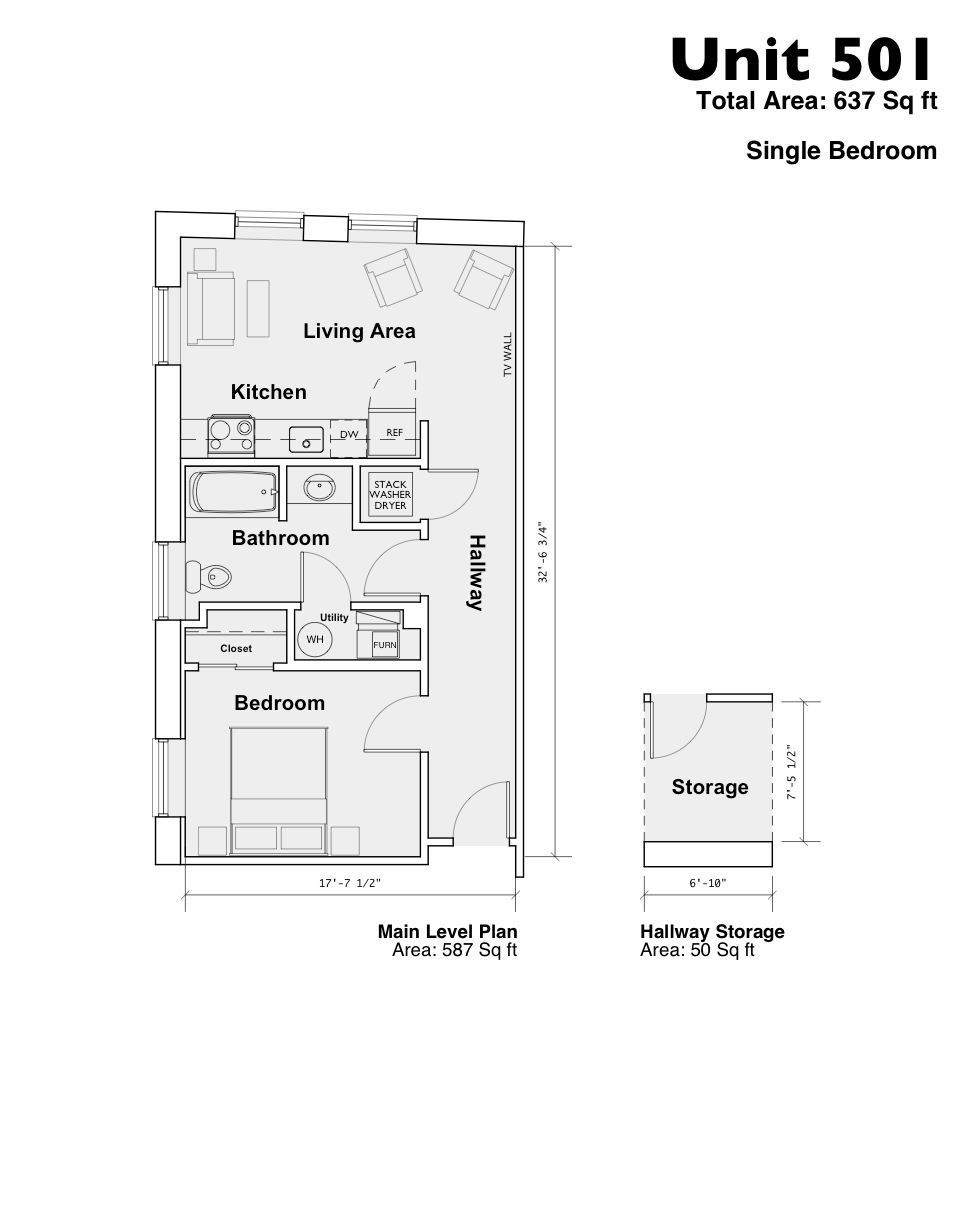 Floor plan of Unit 501 with living room, kitchen, bathroom, bedroom, and separate storage area.
