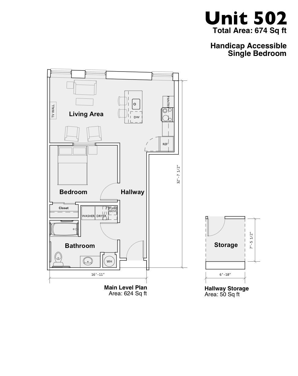 Floor plan labeled Unit 502 showing a 1-bed layout with living area, bedroom, hallway, balcony, storage, and bath.
