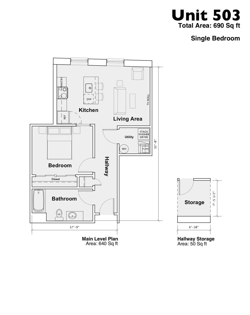 Floor plan labeled Unit 503, a two-bedroom apartment with living room, kitchen, bath, and storage.