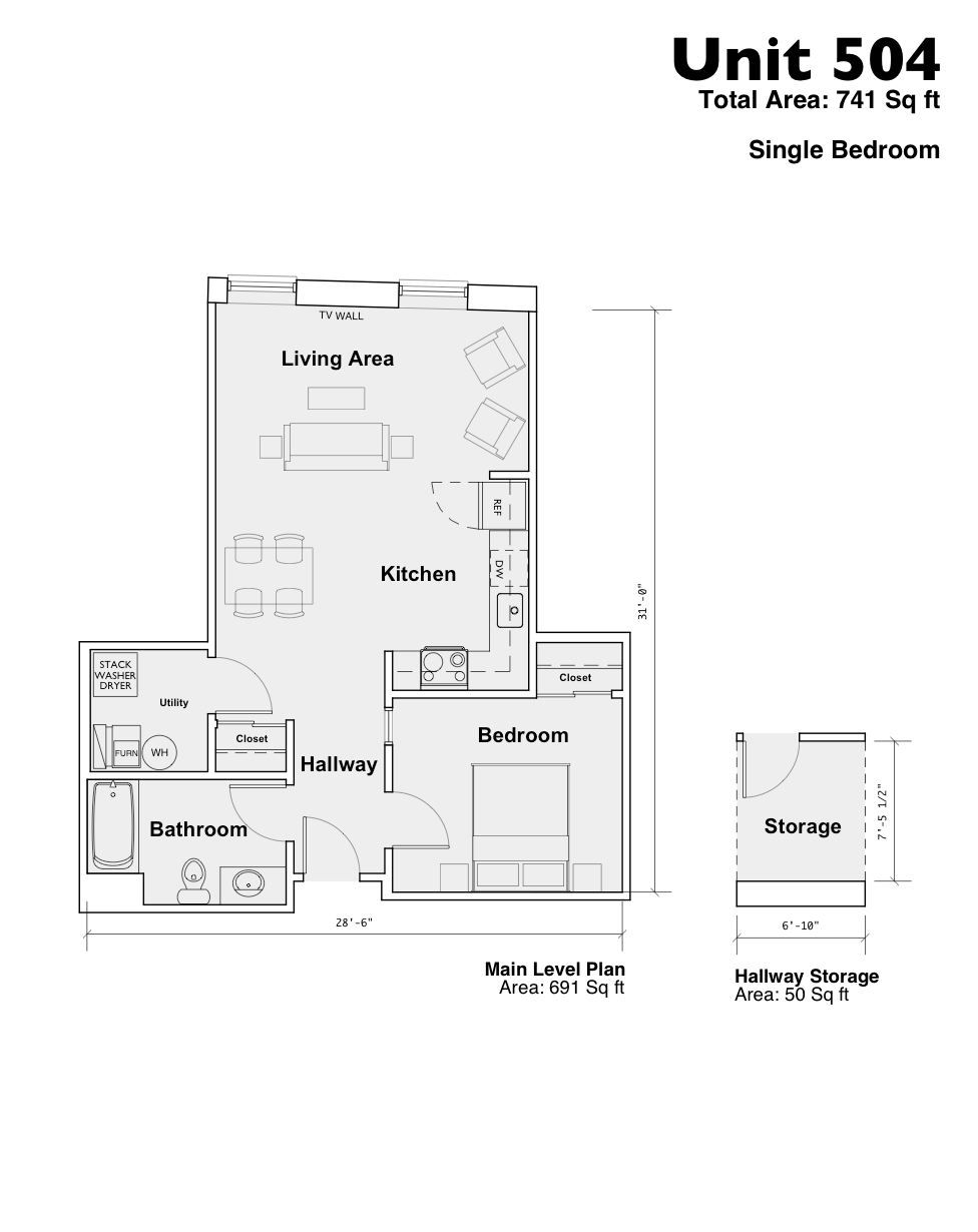 Floor plan of Unit 504, a single-bedroom apartment with living area, kitchen, bathroom, and storage