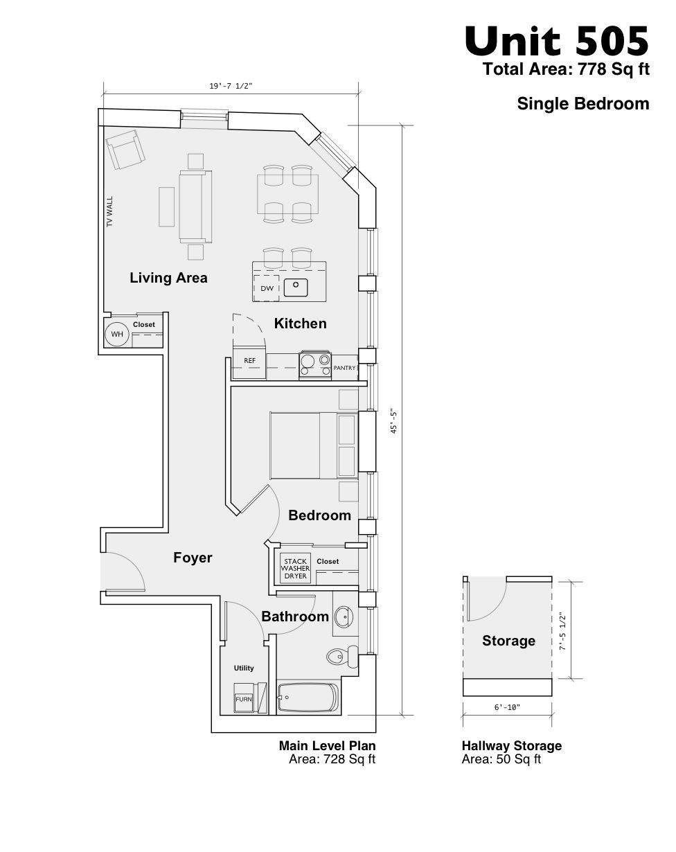 Floor plan labeled Unit 505, a single-bedroom apartment layout with living room, kitchen, foyer, bedroom, bath, and balcony.