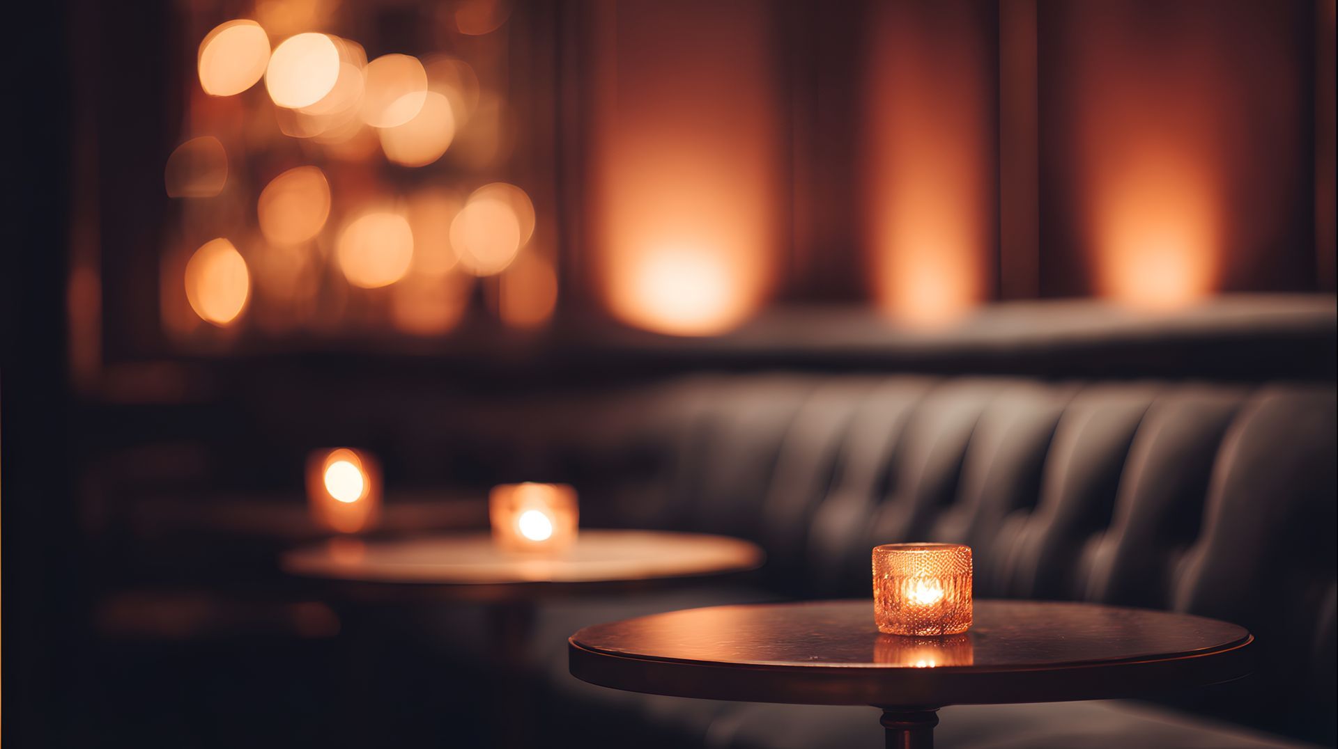 Dim lounge with small glowing candles on round tables and a tufted bench in the background