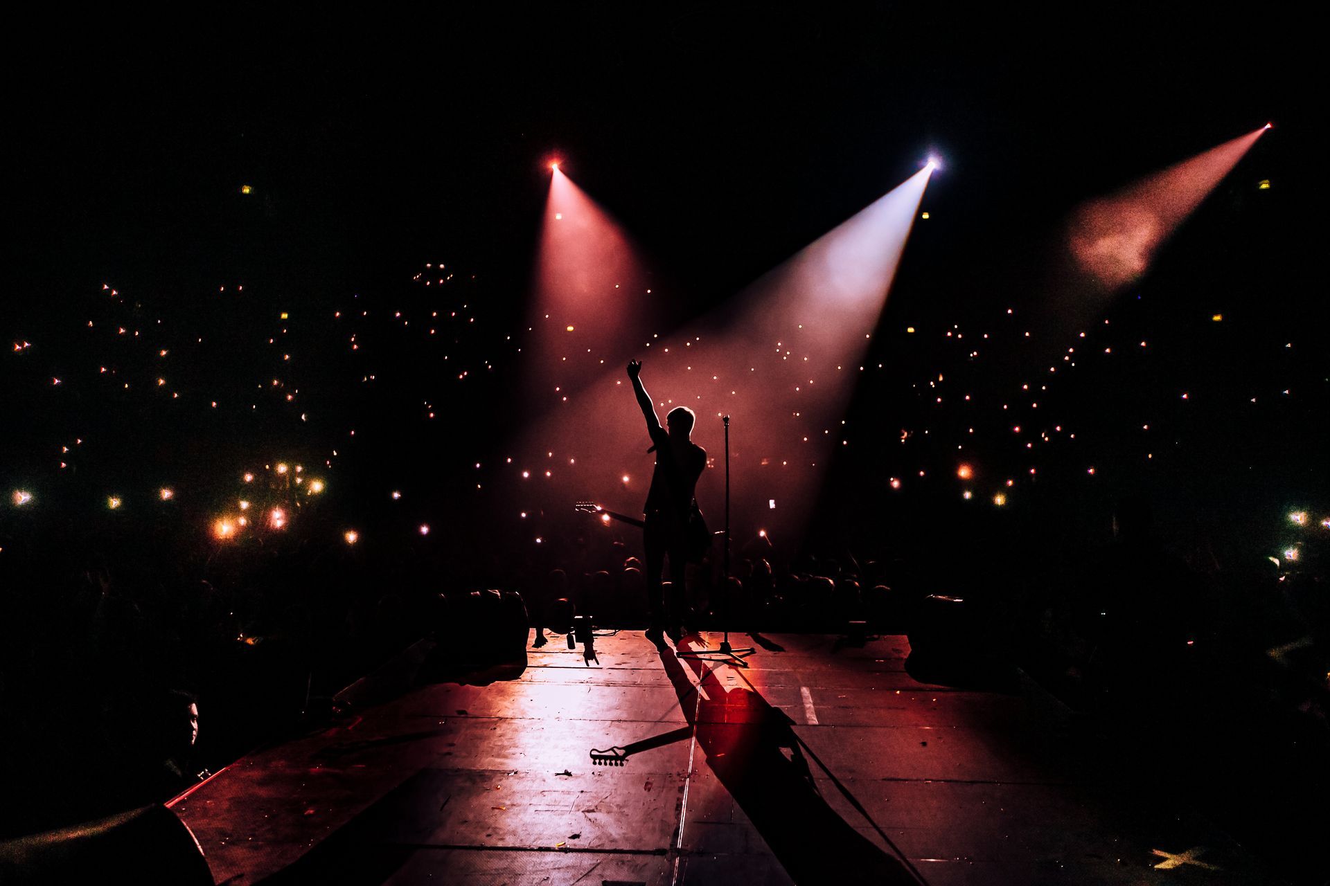 Silhouetted singer on a dark stage under red and white spotlights with scattered audience lights