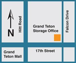 A map showing the location of grand teton storage office and grand teton mall.