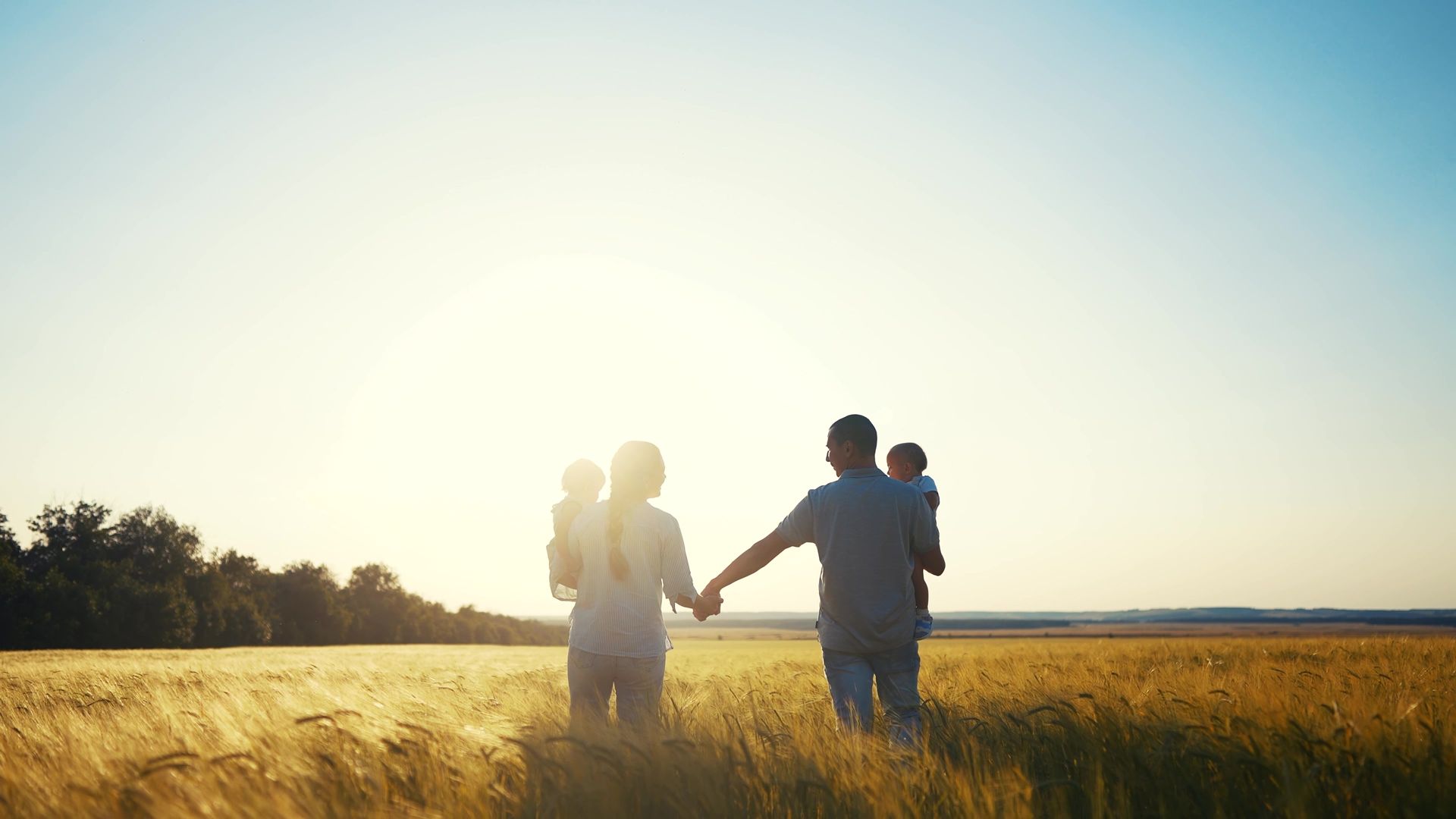Family of four walking through a wheat field towards the sun, holding hands and carrying babies.