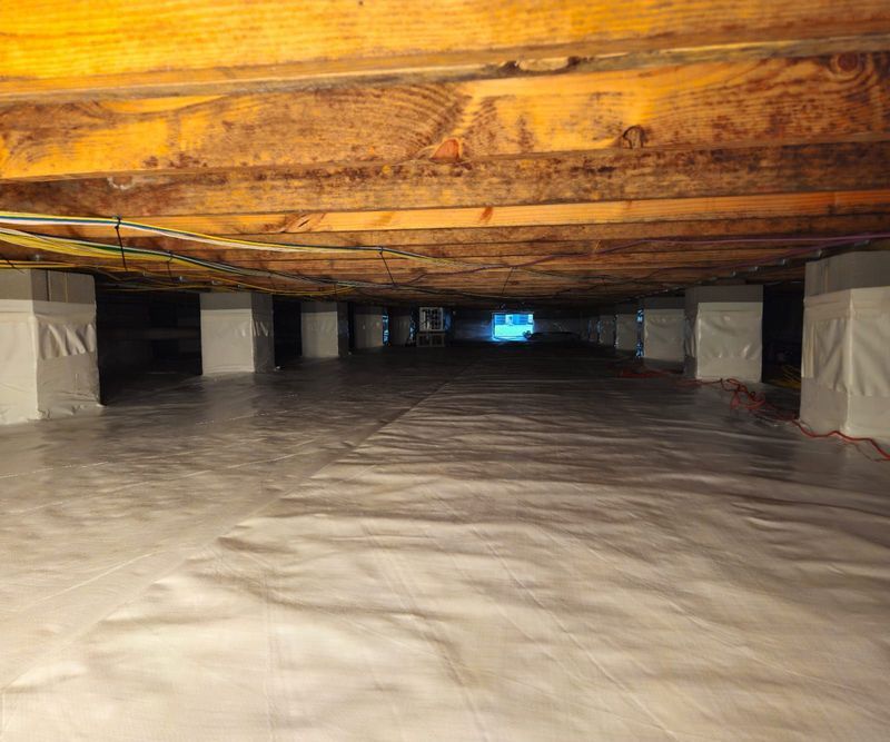 A crawl space with white vapor barrier covering the ground and white-wrapped structural piers supporting wooden floor joists.