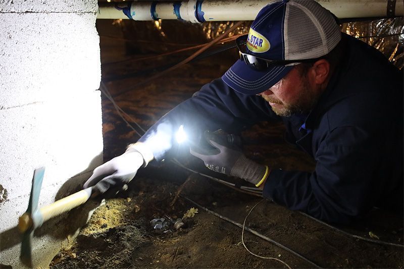 A technician in a cap and work gloves uses a flashlight and tool to inspect a foundation wall in a dark crawlspace.