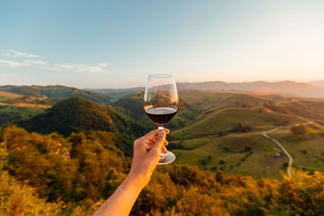 Mano che regge un bicchiere di vino rosso, con vista sulle verdi colline al tramonto.