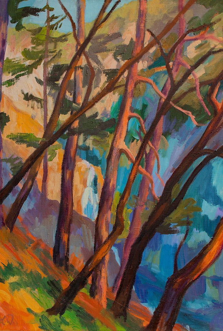 Impressionistisches Gemälde von Kiefern an einem sonnenbeschienenen Hang mit leuchtend orangefarbenen.
