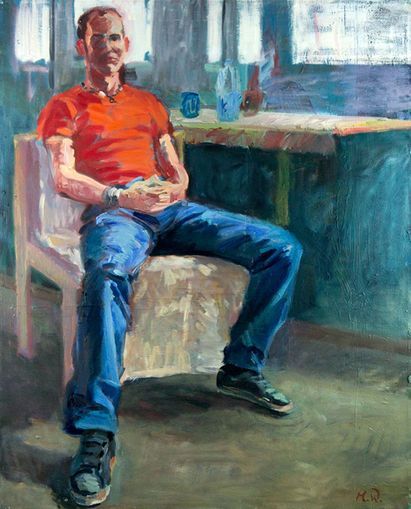 Ein Ölgemälde einer Person in einem leuchtend orangefarbenen Hemd und blauen Jeans.
