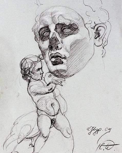 Eine Kohlezeichnung zeigt eine große Büste im klassischen Stil, die über einer kleinen Figur eines Kindes schwebt.