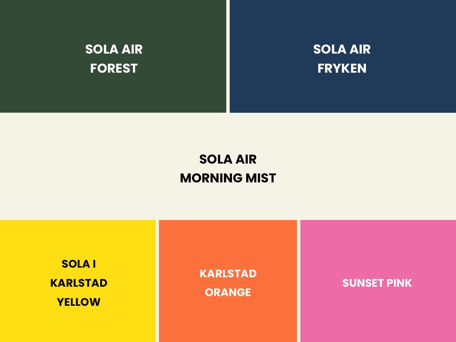 Färgpalett med märkta färgprover: Sola Air Forest, Fryken, Morning Mist, Karlstad Yellow, Orange och Sunset Pink
