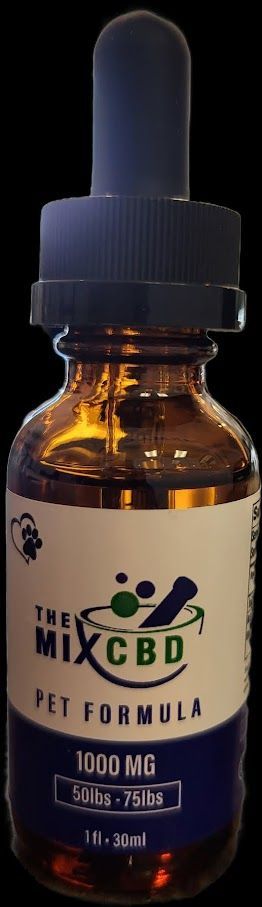 A brown glass bottle of CBD oil for pets. The label reads