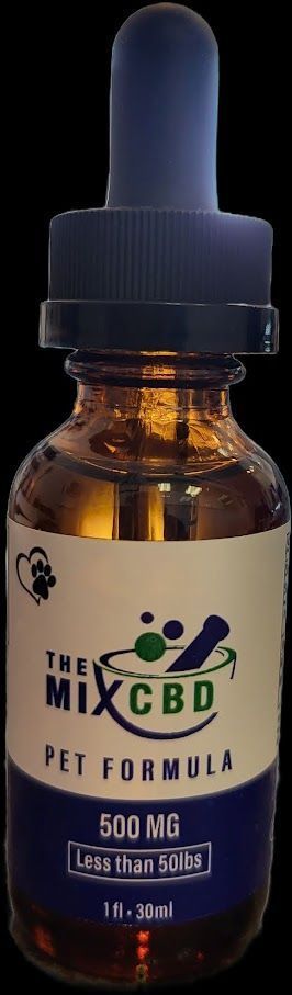 CBD pet formula bottle with dropper. Brown liquid with label that has paw print, and says