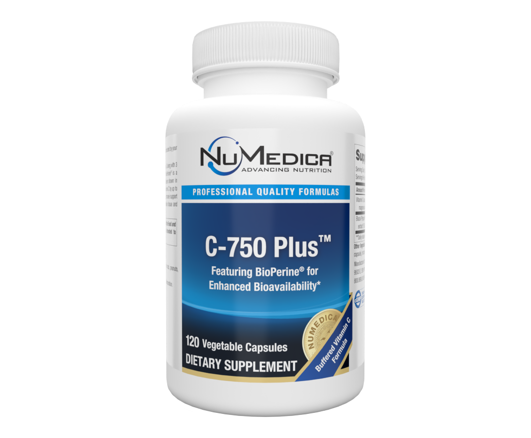 White bottle of NuMedica C-750 Plus dietary supplement, with a blue and white label and 60 capsules.
