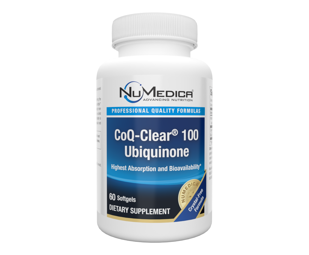 White bottle of NuMedica CoQ-Clear 100 Ubiquinone dietary supplement, blue and gold label.
