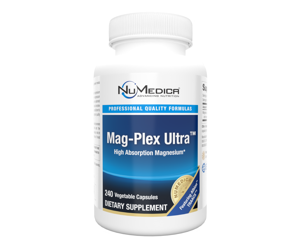 White bottle of NuMedica Mag-Plex Ultra supplement. Label with blue accents, white text, and a supplement facts image.