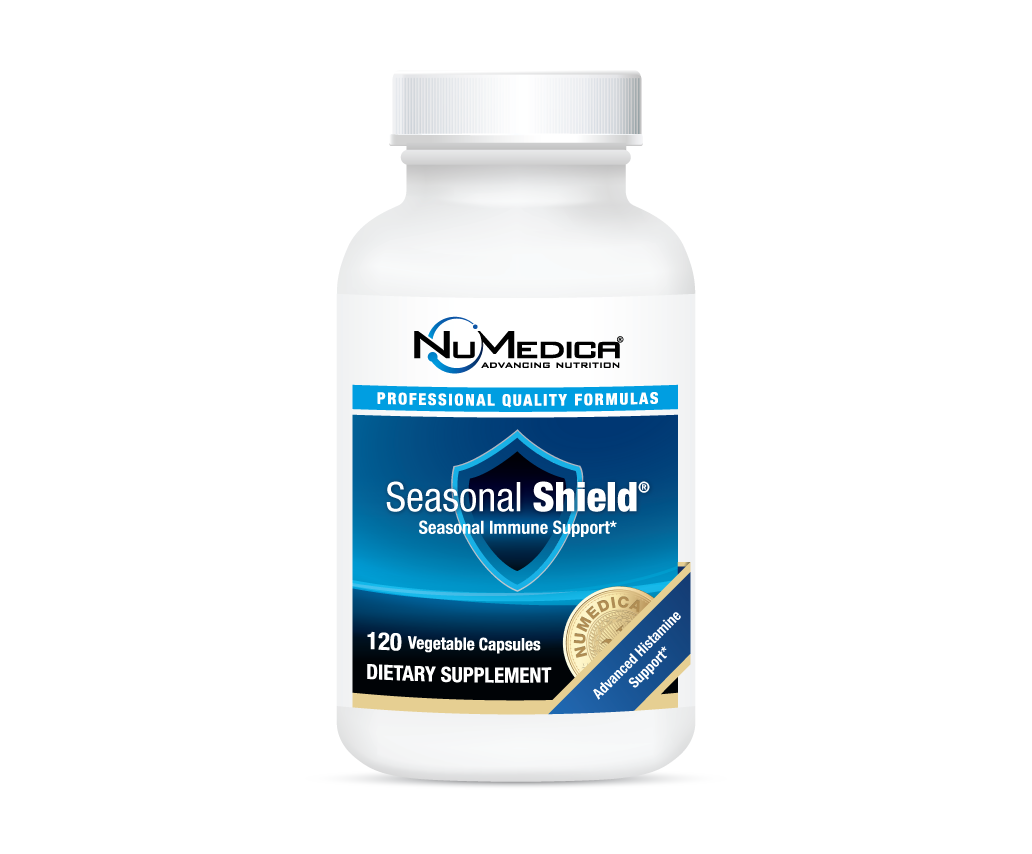 Bottle of NuMedix Seasonal Shield supplement with blue label.
