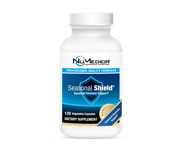 Bottle of NuMedix Seasonal Shield supplement with blue label.