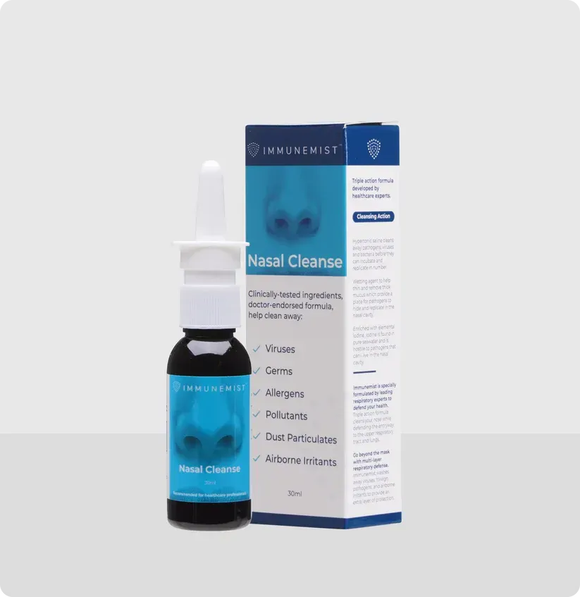 Nasal cleanse nasal spray bottle and box on a light background. Blue and white colors; product name is visible.