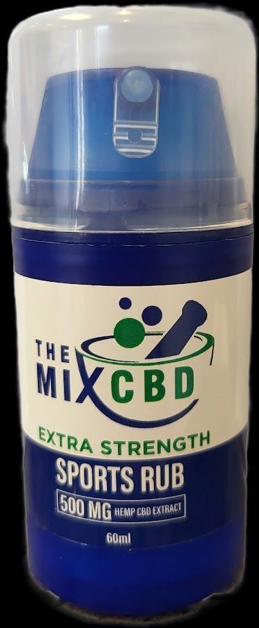 Bottle of The Mix CBD sports rub. Blue and white with a clear cap. Contains 500mg.
